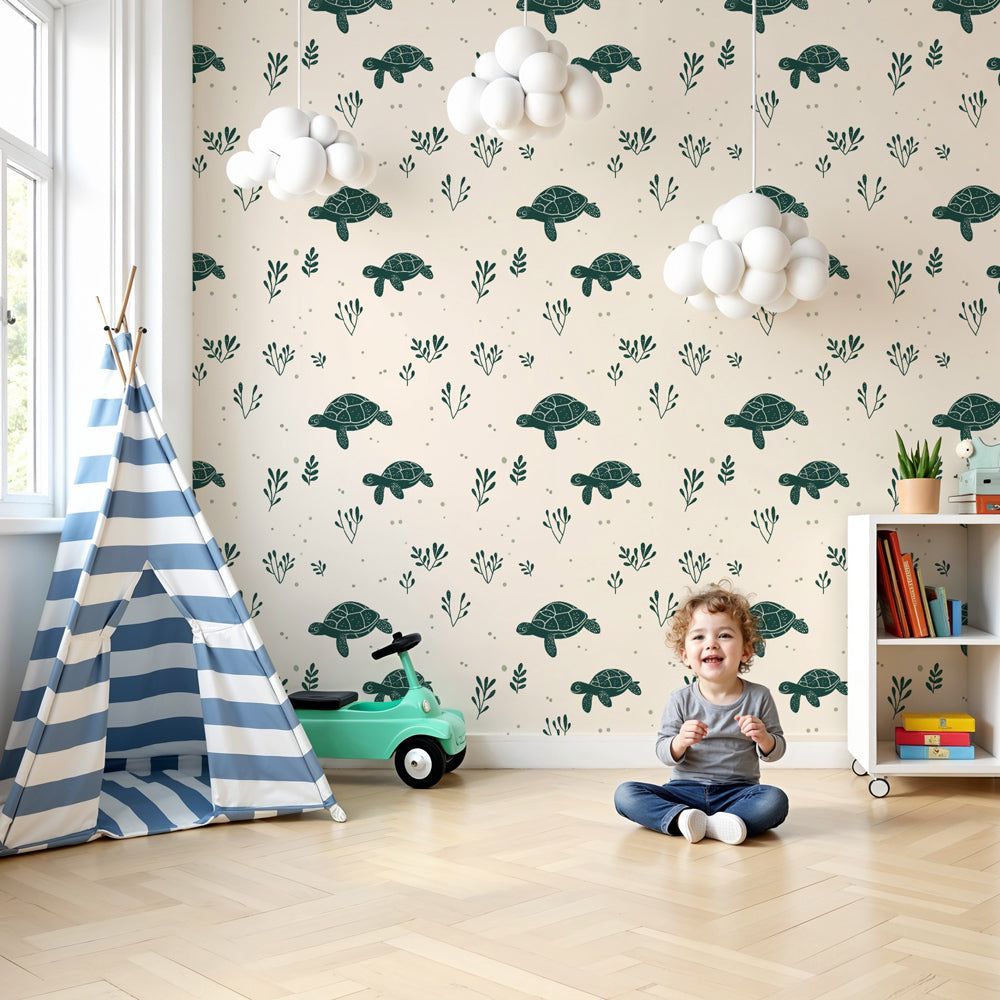 Sea turtle mural wallpaper creating peaceful ocean-themed nursery decor by Kids-Mundo
