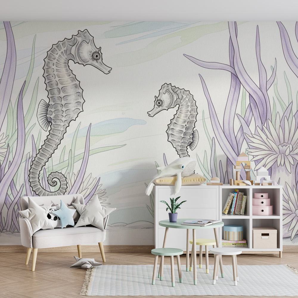 Ocean-themed seahorse wallpaper in modern kids bedroom setting with calming marine atmosphere