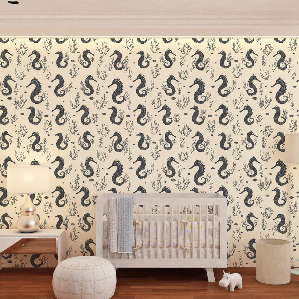 Ocean themed seahorse wallpaper transforming kids bedroom into underwater world