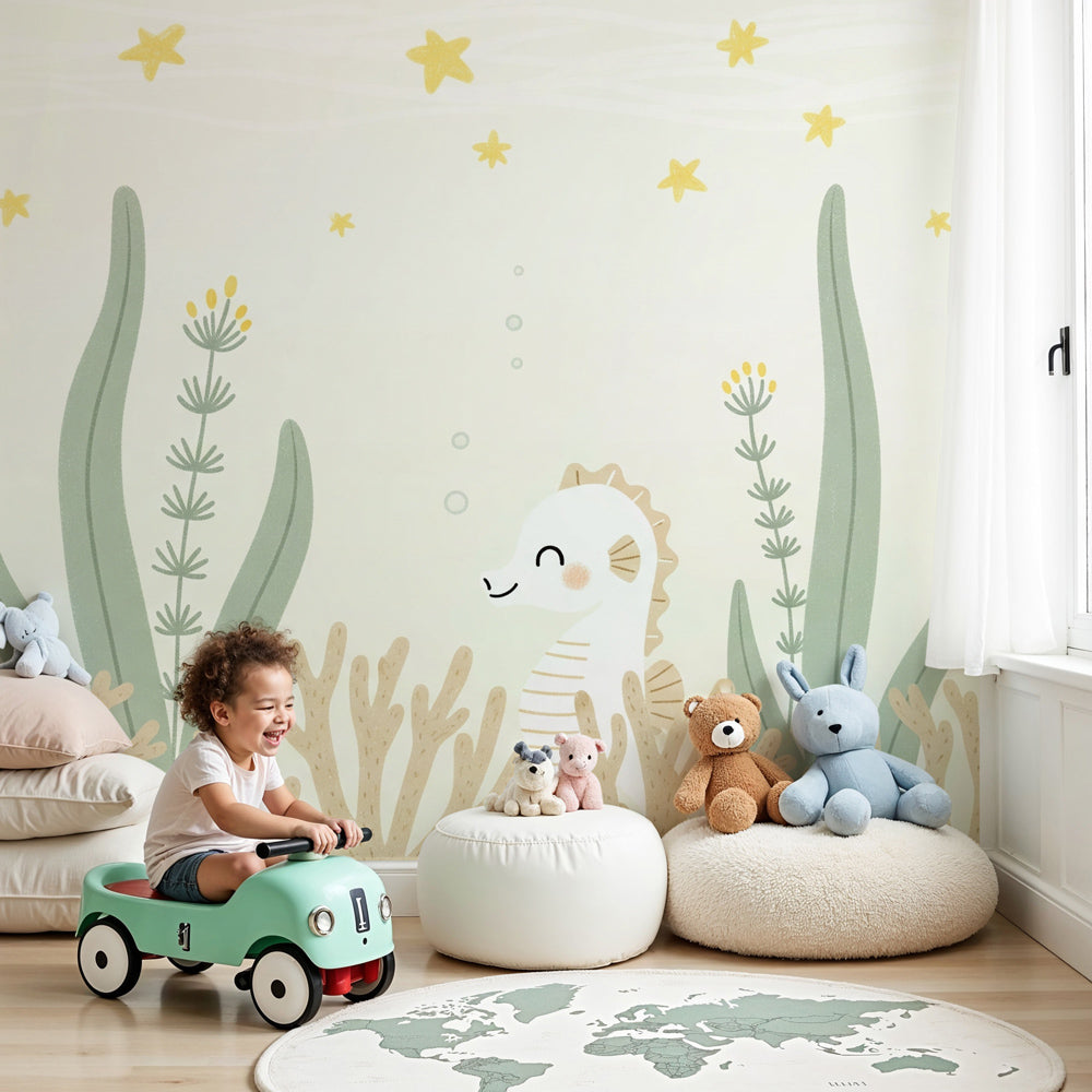 Seahorse mural wallpaper creating peaceful ocean-themed nursery decor by Kids-Mundo