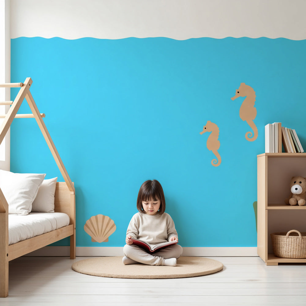Seahorse ocean mural wallpaper creating peaceful underwater nursery atmosphere by Kids-Mundo