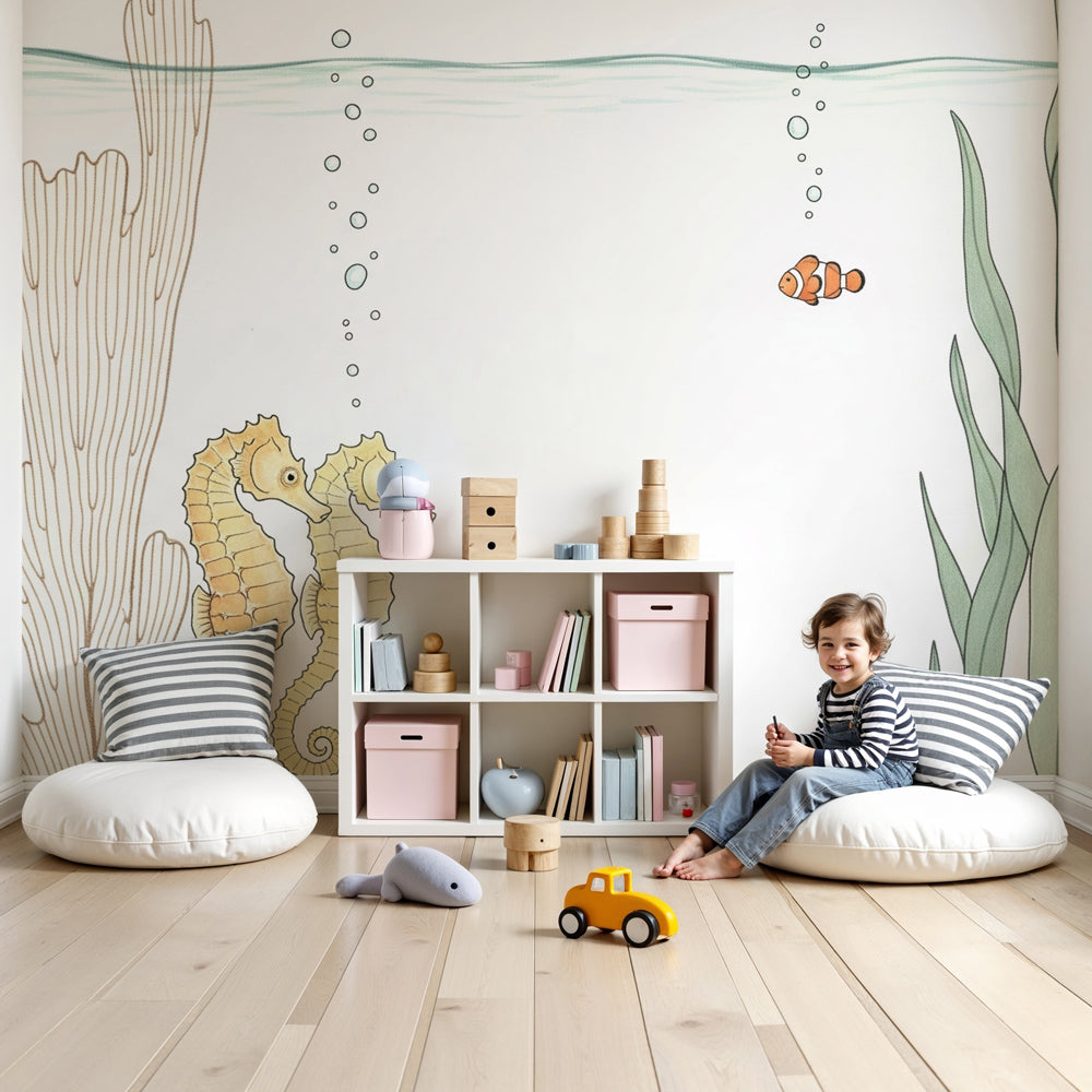 Seahorse mural wallpaper in modern nursery with ocean theme decor by Kids-Mundo
