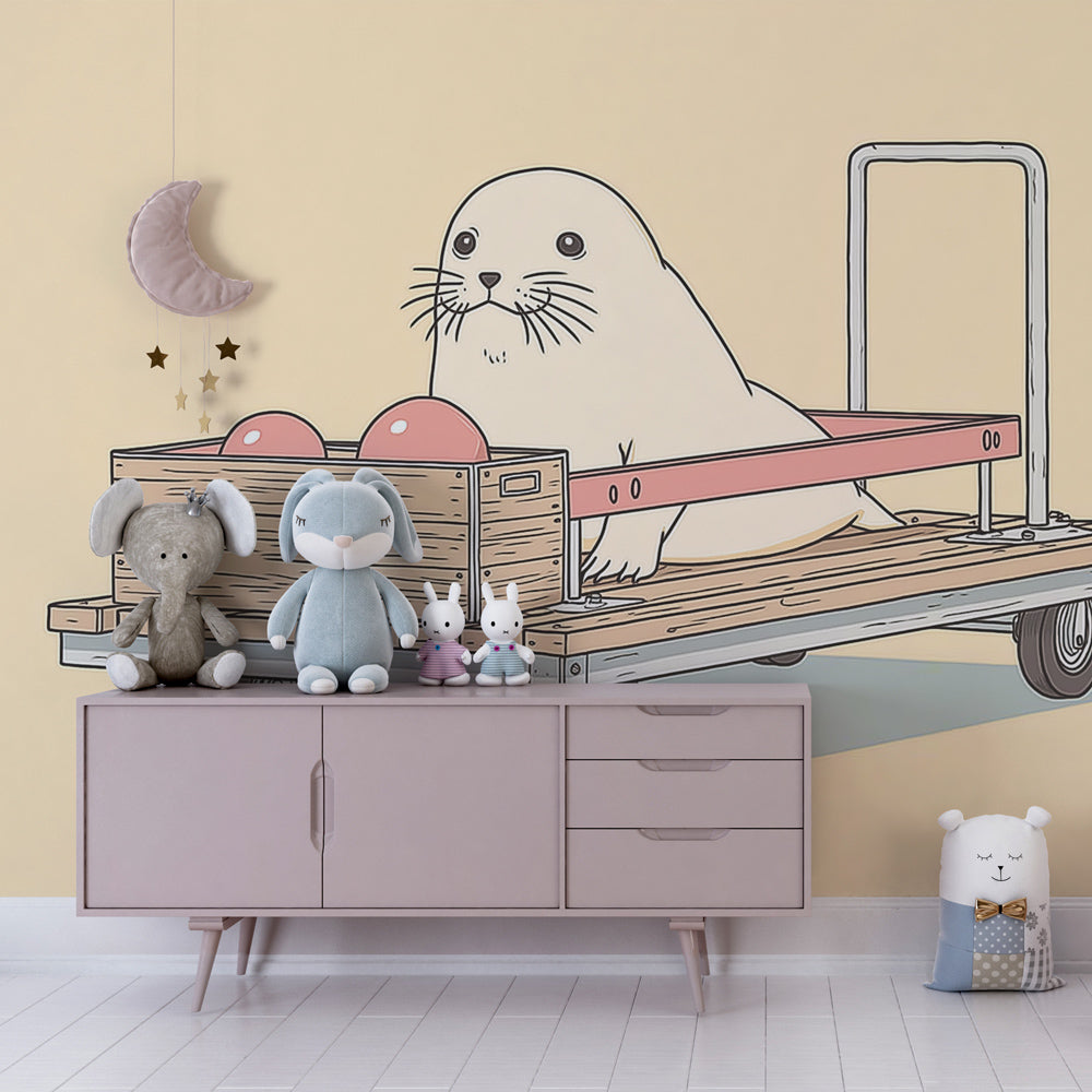 Adorable seal cart wallpaper creating whimsical atmosphere in kids bedroom decor