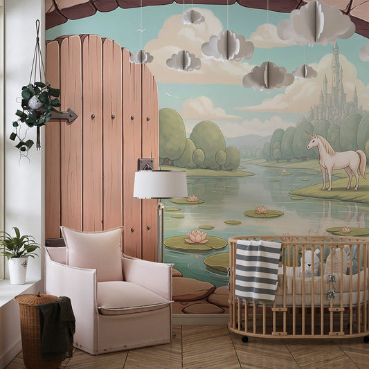 Kids-Mundo unicorn wall mural with a stone gate and lily pond shown on a kids bedroom wall.
