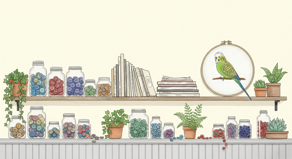 Kids-Mundo flat artwork of a shelf with buttons, books, plants and a budgie in an embroidery hoop