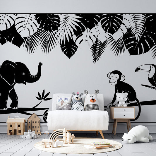 Kids-Mundo elephant and monkey silhouette mural fitted made to measure on a bedroom wall.