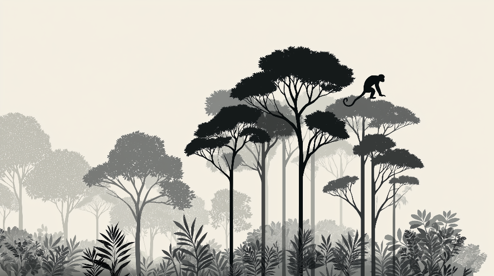 Monkey Silhouette Over a Misty Forest Canopy Wall Mural