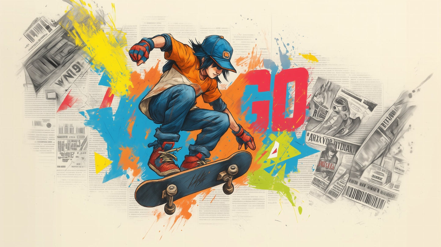 Kids-Mundo flat artwork of a skateboarder mid-trick with paint splashes and newsprint collage