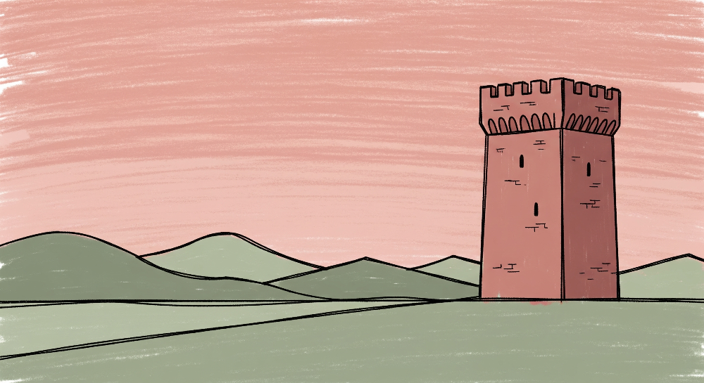 Kids-Mundo flat artwork of a hand-drawn terracotta tower on green hills.