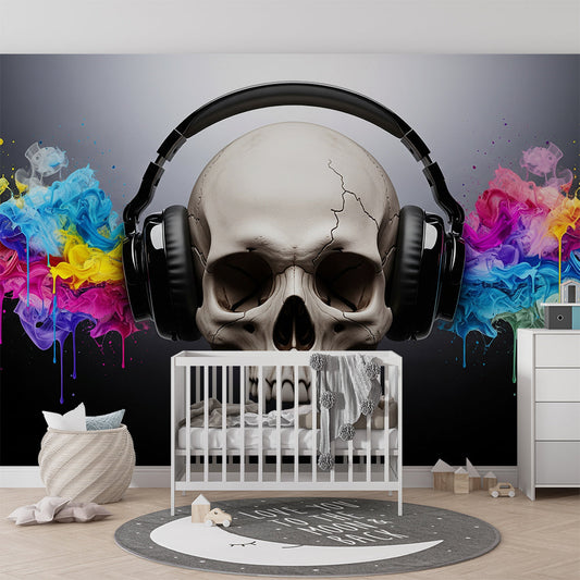 Kids-Mundo skull headphones colour splash wall mural in a vibrant teen bedroom