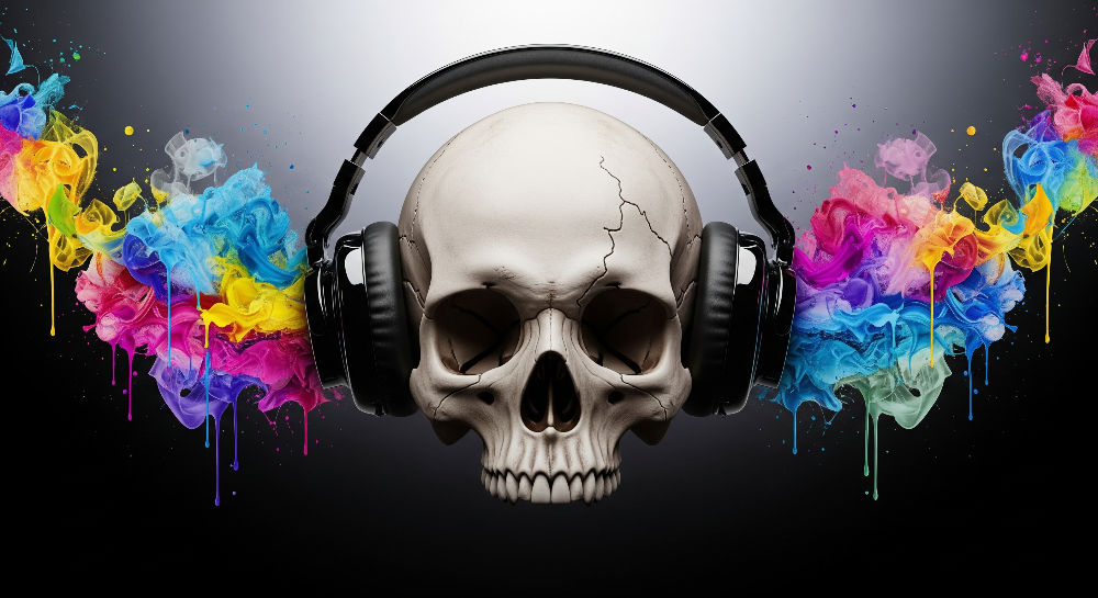 Skull with Headphones and Rainbow Splatter Wall Mural