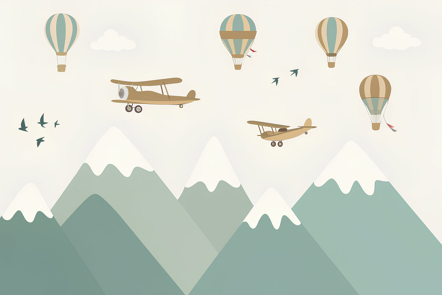 Detailed sky adventure mural wallpaper design pattern with planes and hot air balloons by Kids-Mundo