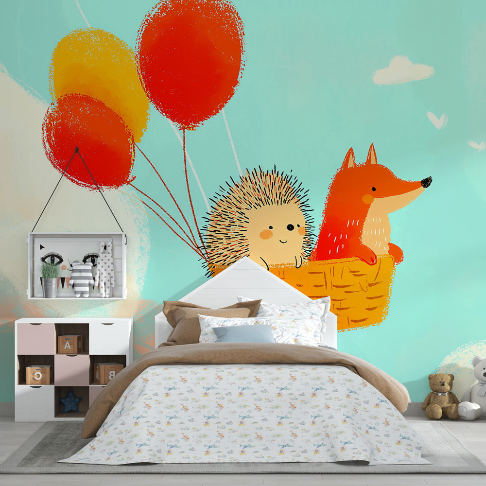 Hot air balloon animal wallpaper creating dreamy atmosphere in children's bedroom decor