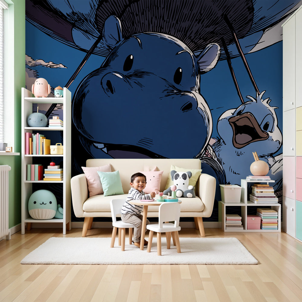 Sky adventure mural wallpaper with hippo and duck hot air balloon in bright nursery by Kids-Mundo