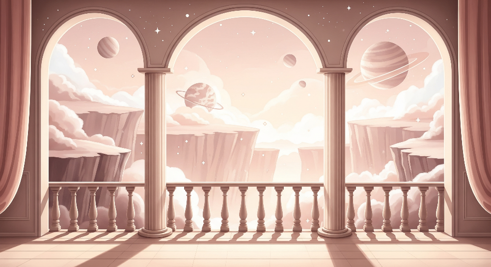 Dreamy Sky Balcony with Floating Islands and Planets Wall Mural