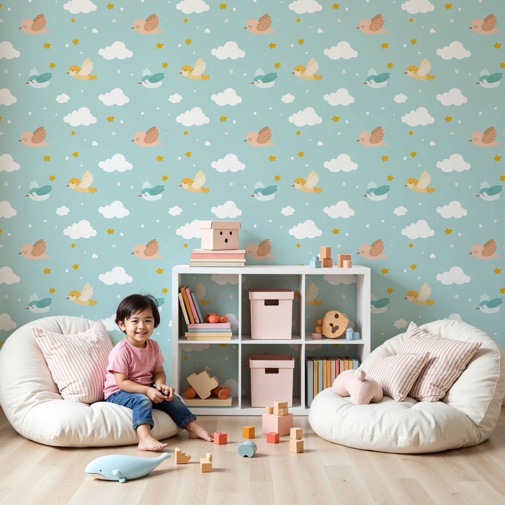 Sky birds mural wallpaper creating dreamy nursery decor with blue clouds and colorful birds by Kids-Mundo
