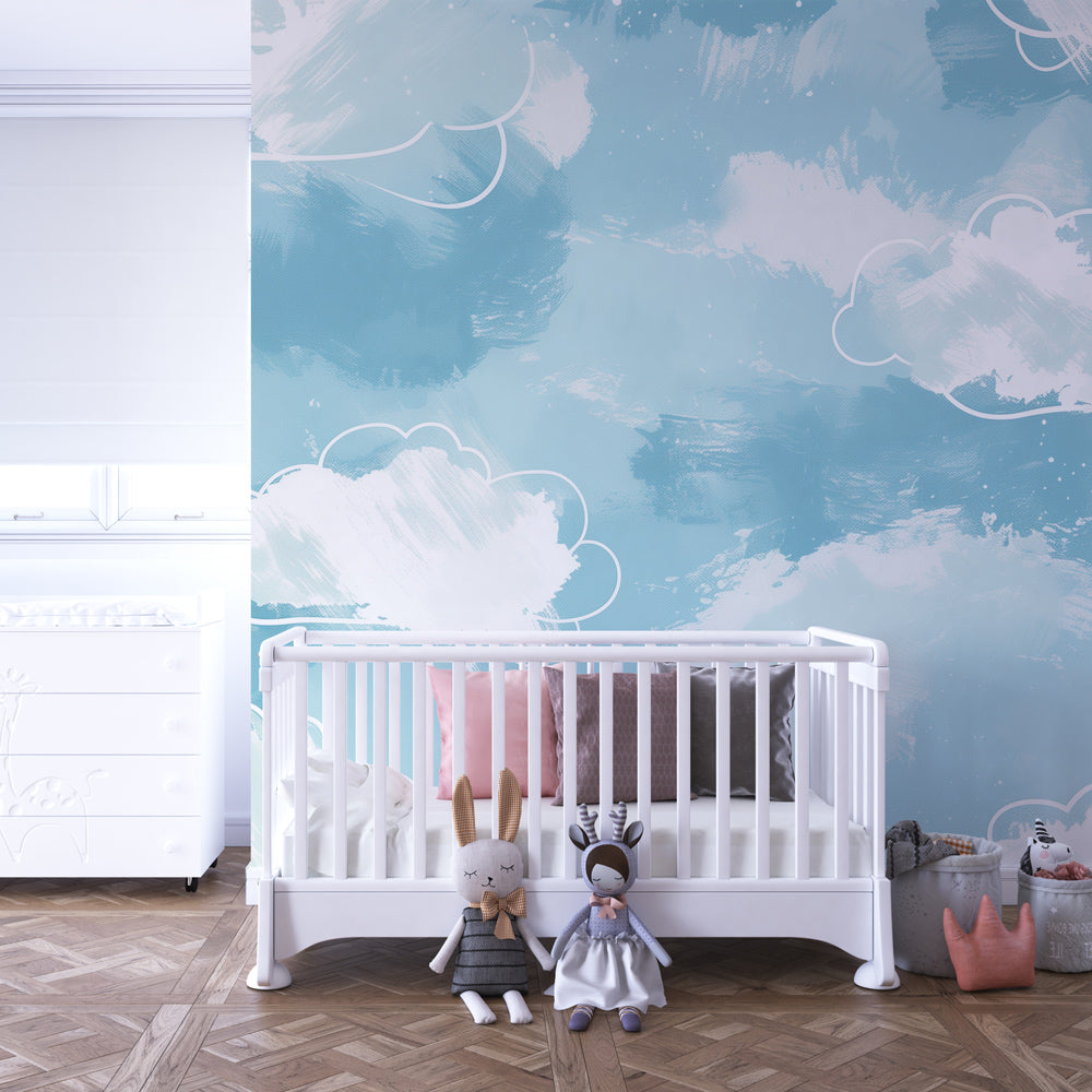 Sky blue clouds wallpaper transforming modern baby room with peaceful watercolor design