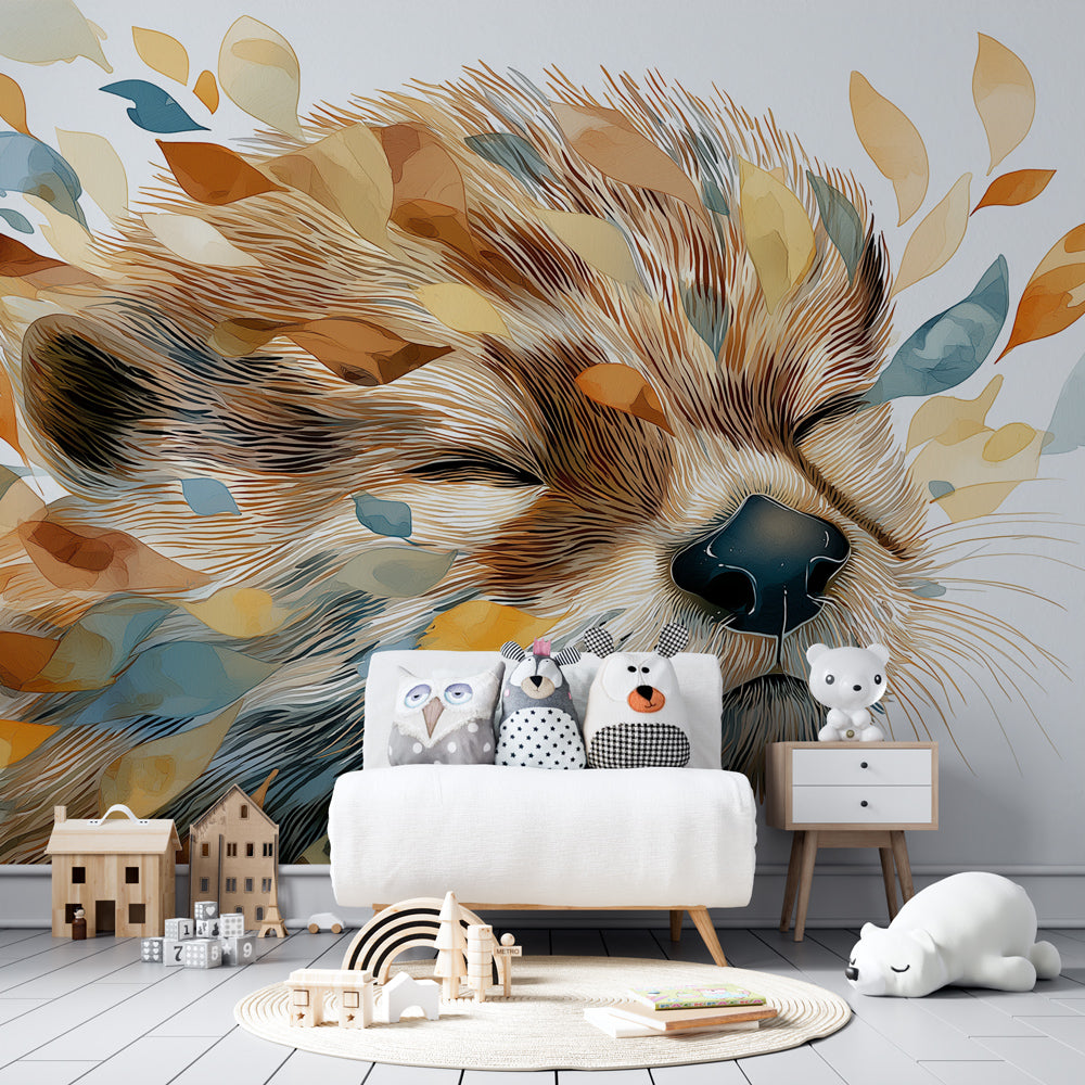 Peaceful sleeping animal wallpaper creating serene kids bedroom atmosphere with natural decor