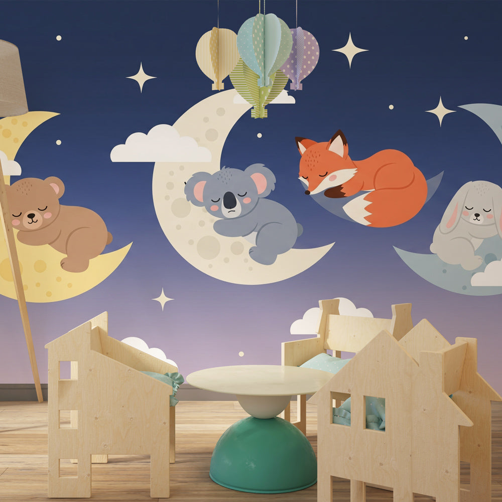 Dreamy animals moon wallpaper creating peaceful atmosphere in children's bedroom decor