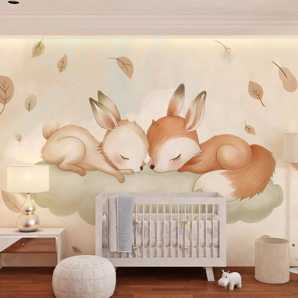 Woodland creatures wallpaper creating serene atmosphere in modern kids bedroom decor