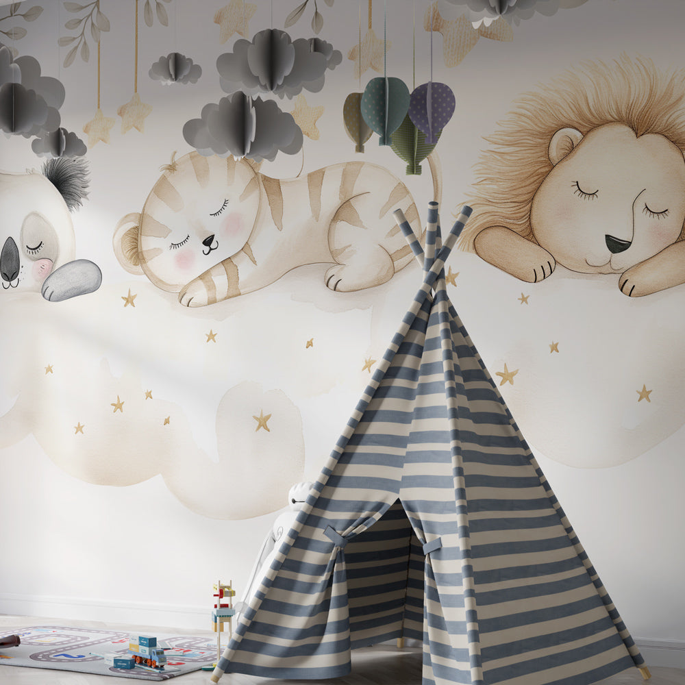 Soft-toned animal wallpaper creating calming children's bedroom decor with cloud theme