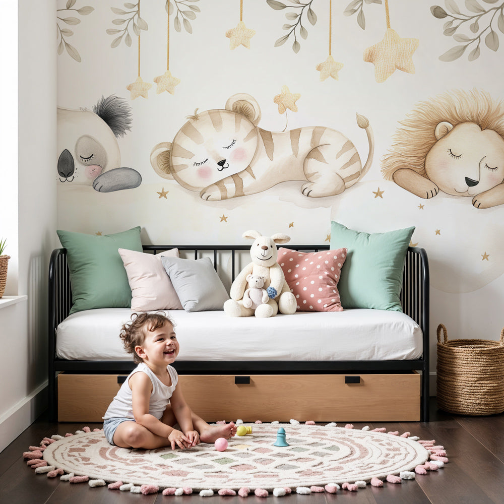 Sleeping animals cloud mural wallpaper in peaceful nursery setting by Kids-Mundo