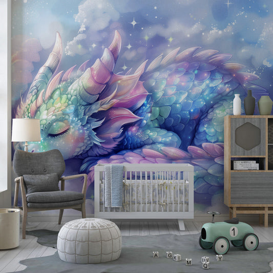 Kids-Mundo sleeping dragon wall mural with shimmering scales shown in a kids' bedroom