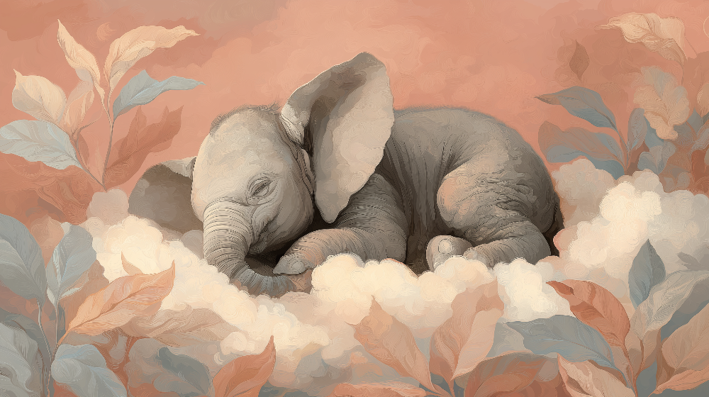 Kids-Mundo flat artwork of a sleeping baby elephant curled up on clouds among dusty pink and blue leaves.