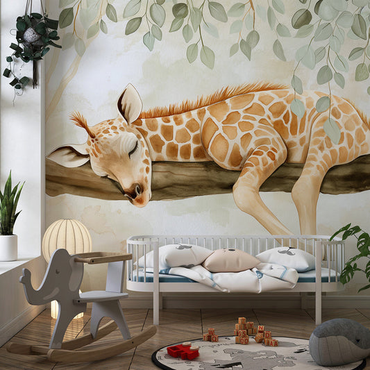 Kids-Mundo watercolour giraffe wall mural on the wall of a soft kids' bedroom