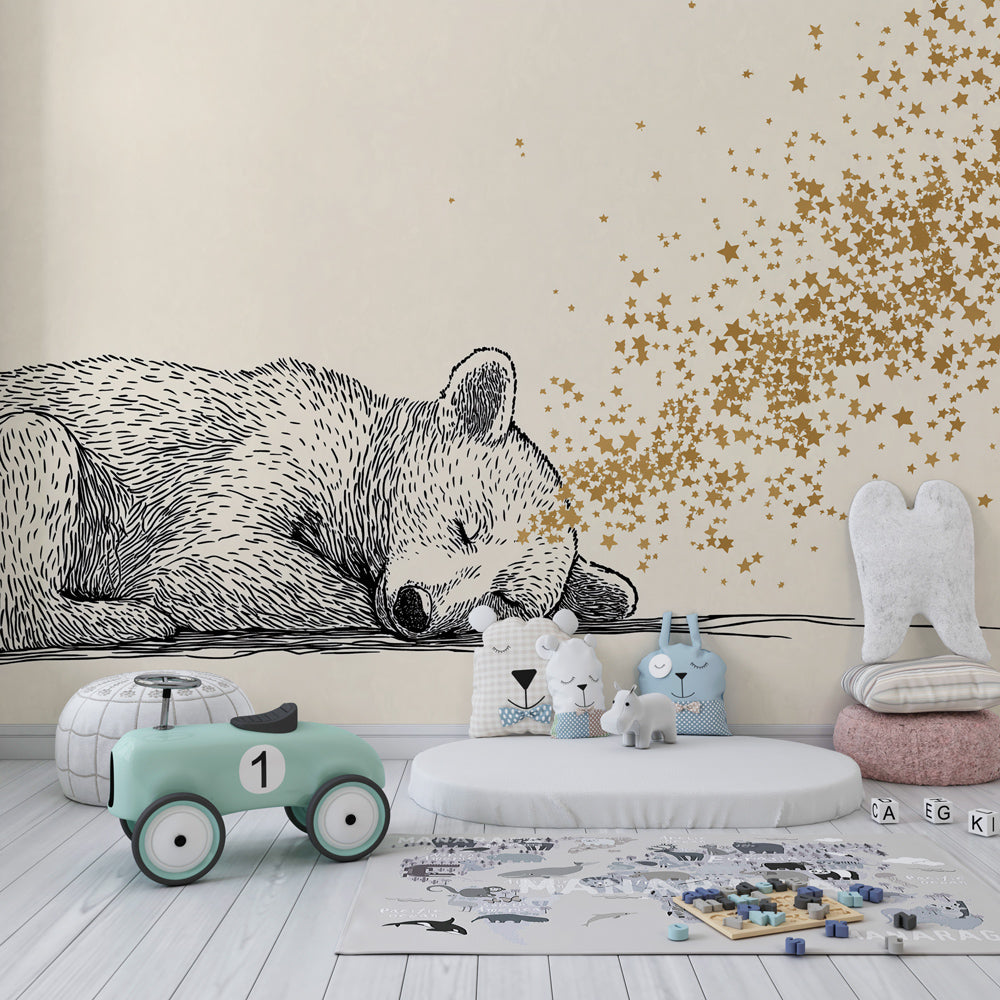 Dreamy bear wallpaper creating peaceful atmosphere in baby's room with natural decor