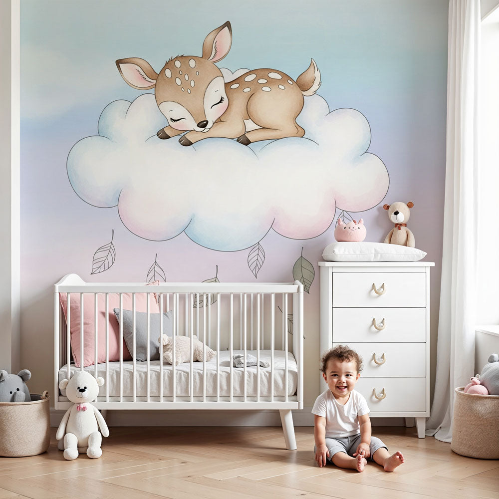 Sleeping deer on cloud mural wallpaper in peaceful baby nursery room by Kids-Mundo
