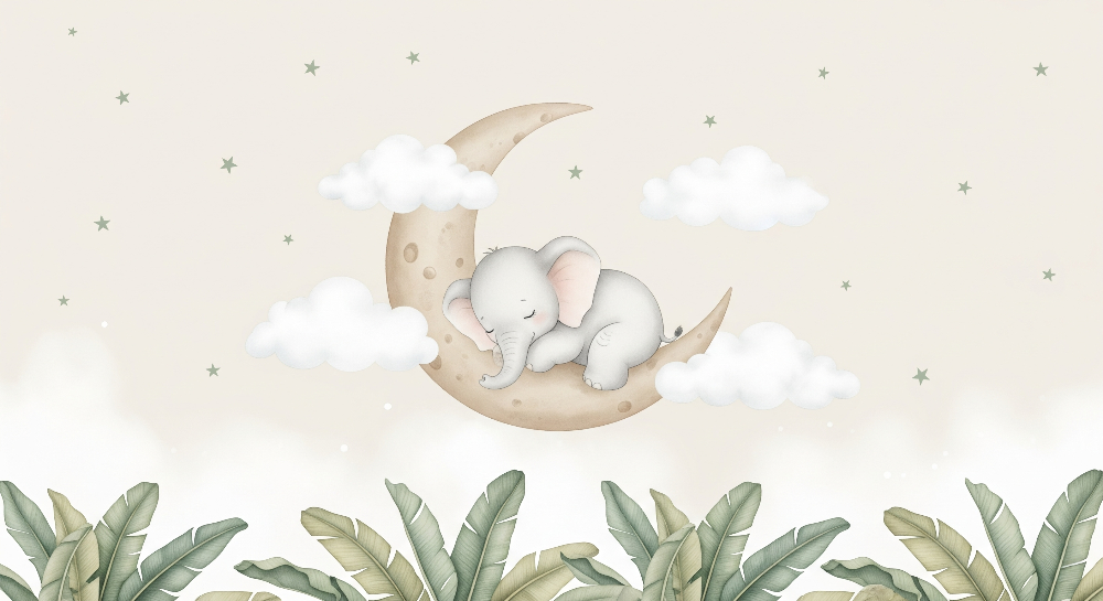 Kids-Mundo sleeping baby elephant wall mural flat artwork with moon, clouds and stars