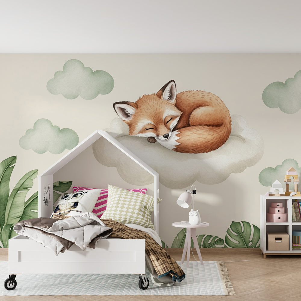 Fox cloud wallpaper creating peaceful atmosphere in modern baby bedroom decor