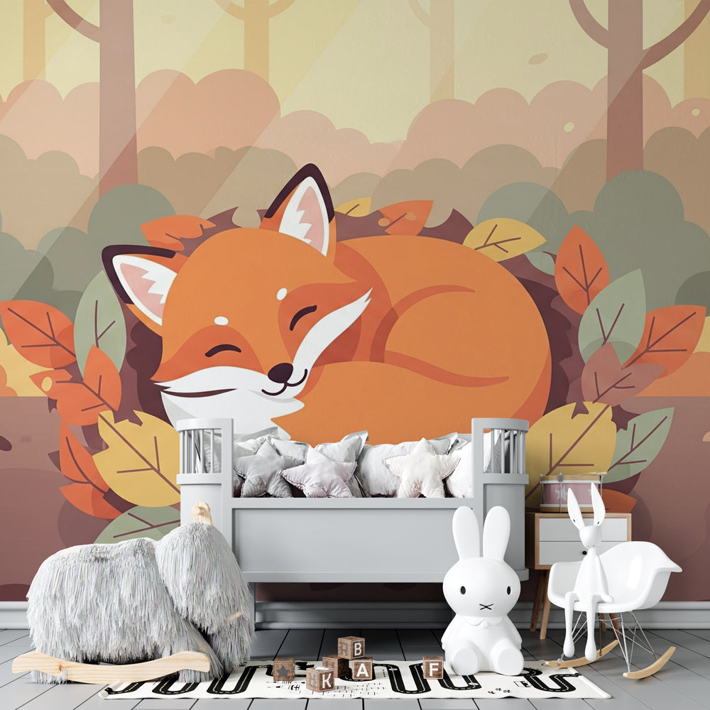 Woodland fox mural wallpaper creating magical forest atmosphere in kids bedroom by Kids-Mundo