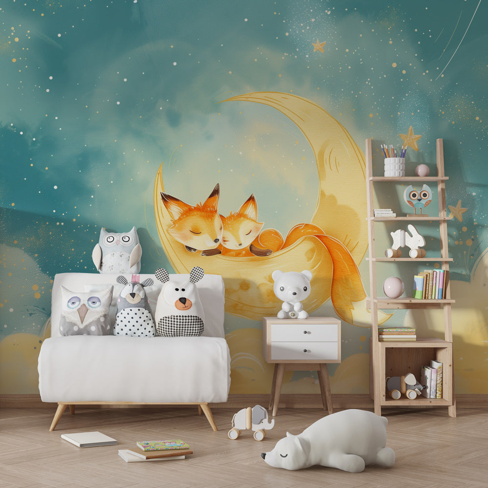 Dreamy fox and moon wallpaper transforming children's bedroom into starry night sanctuary