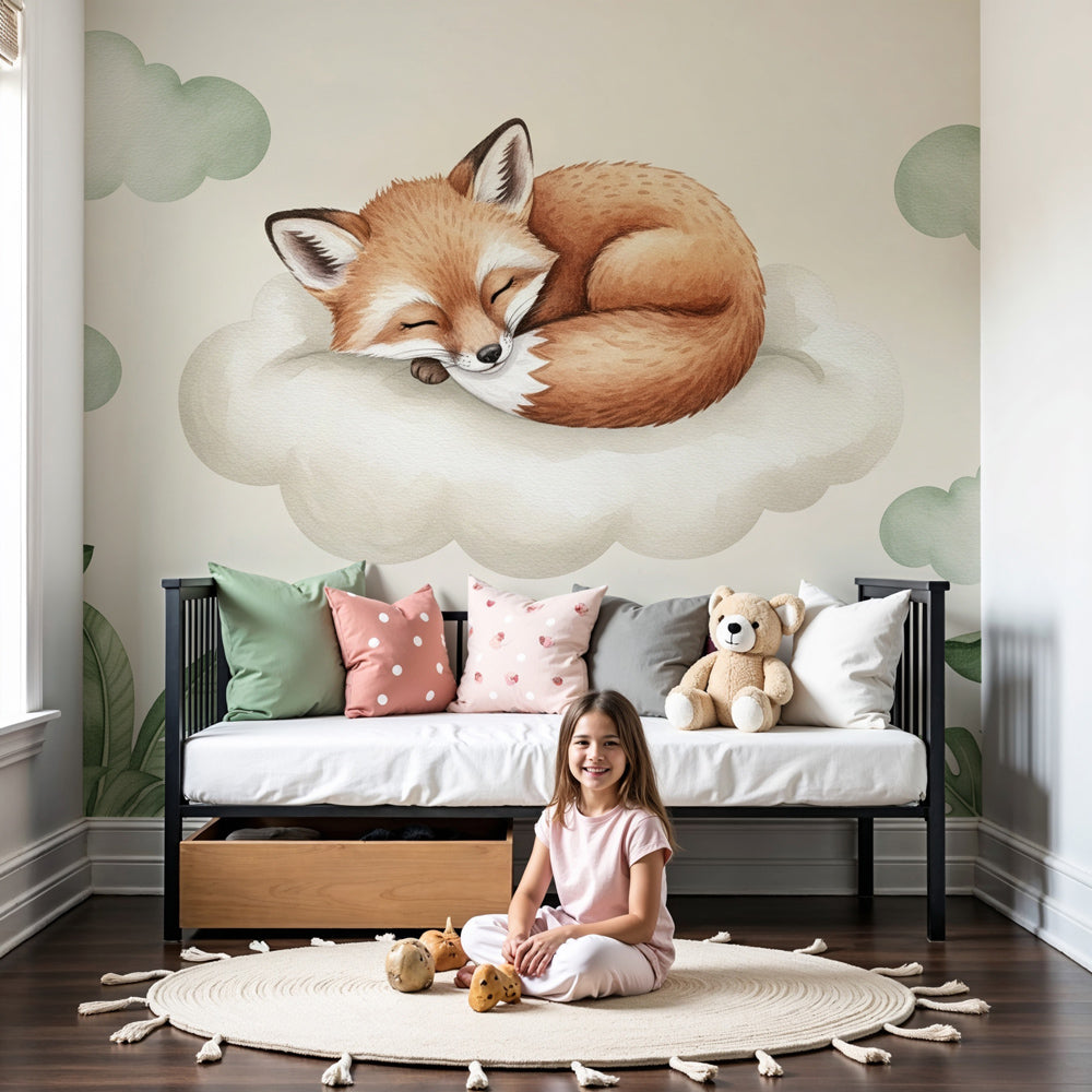 Sleeping fox cloud mural wallpaper in serene nursery setting by Kids-Mundo