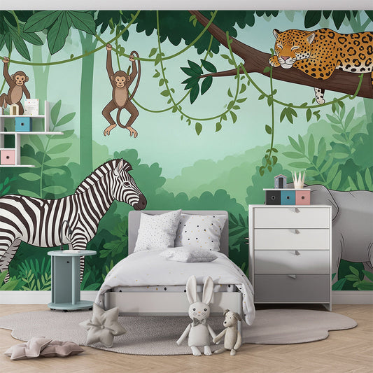 Kids-Mundo jungle wall mural with leopard, monkeys and elephant in a child's bedroom