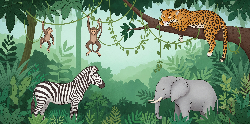 Flat artwork of the Kids-Mundo sleeping leopard and jungle friends wall mural