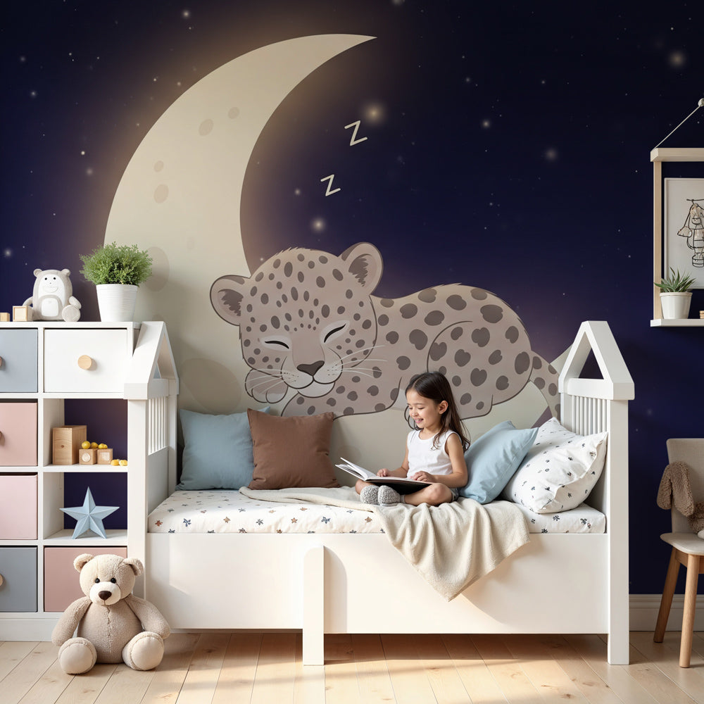 Sleeping leopard moon mural wallpaper in peaceful baby nursery with crib by Kids-Mundo