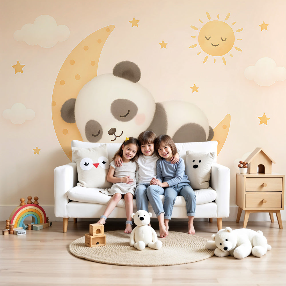 Sleeping panda mural wallpaper in baby nursery with crib and soft lighting by Kids-Mundo