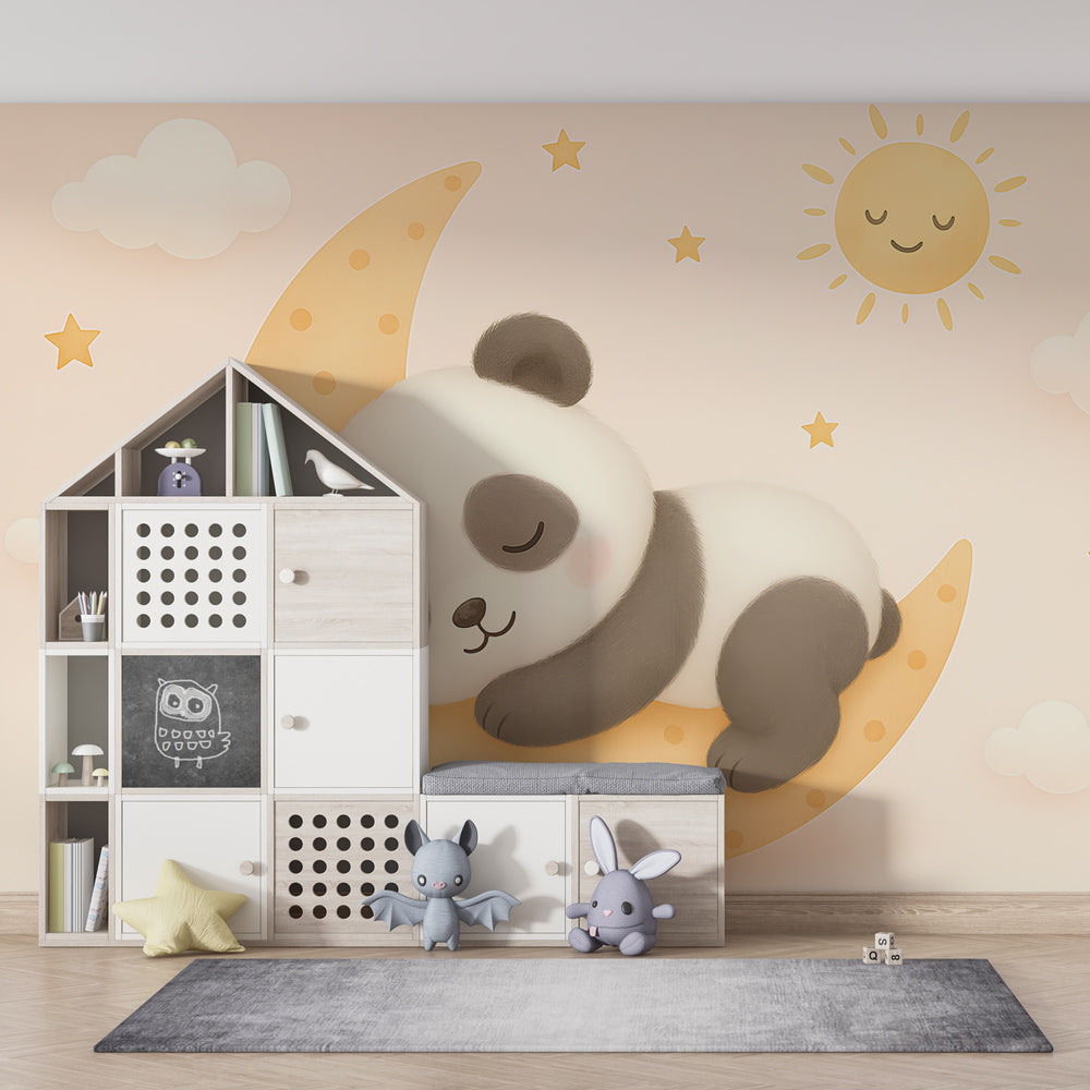Moon and stars panda wallpaper creating dreamy atmosphere in children's bedroom