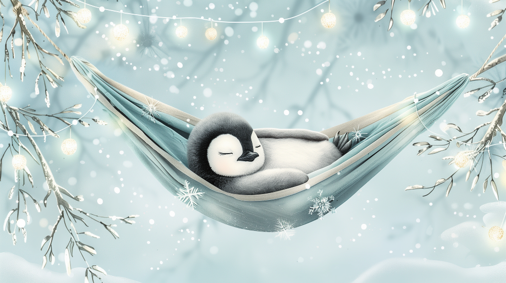 Sleeping Baby Penguin in a Snowy Hammock Wall Mural
