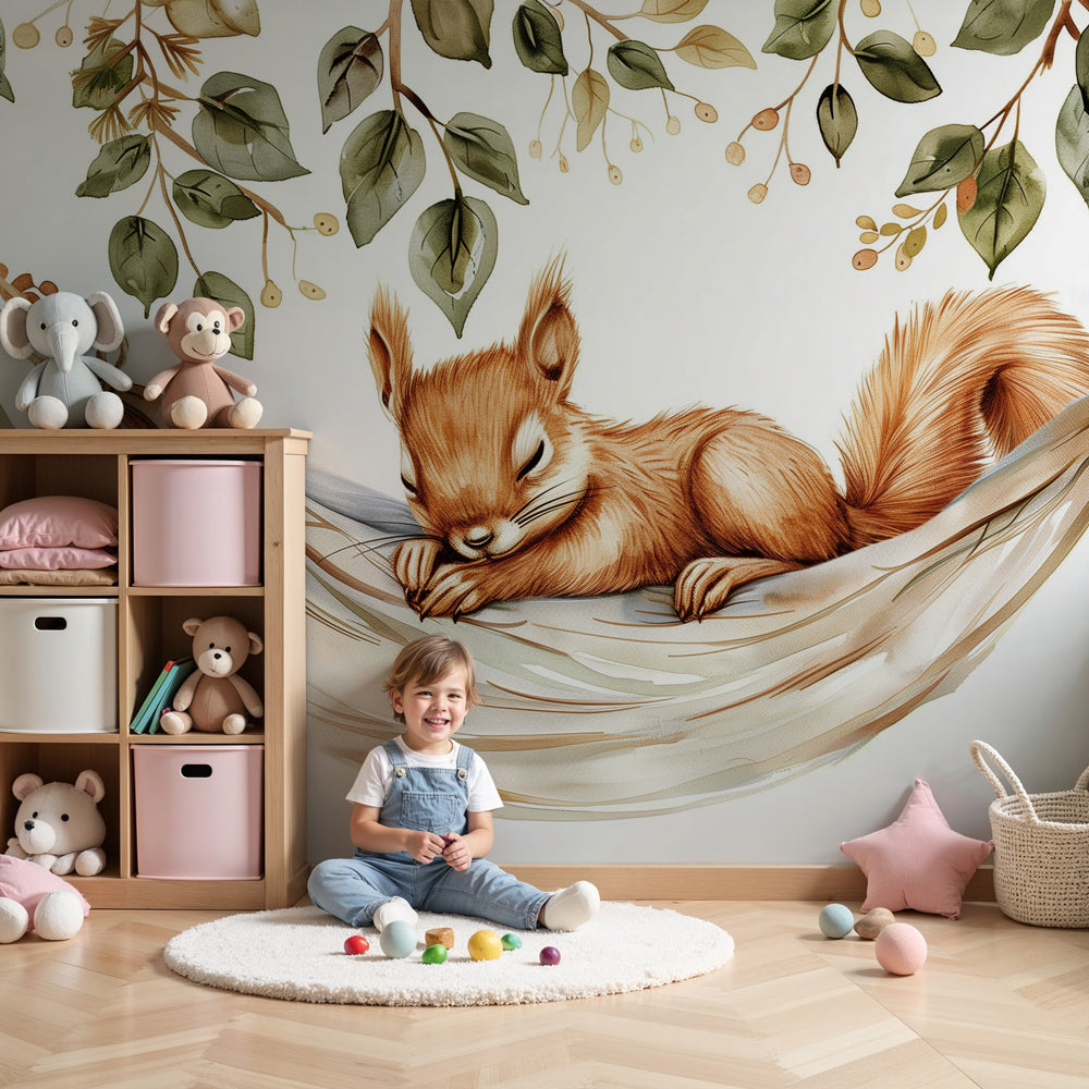 Sleeping squirrel mural wallpaper in peaceful nursery setting with natural woodland decor by Kids-Mundo