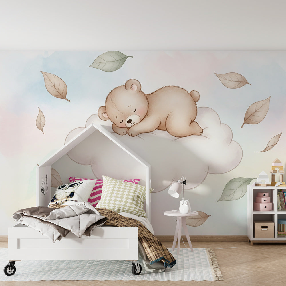Soft pastel teddy bear wallpaper creating calming atmosphere in baby's bedroom