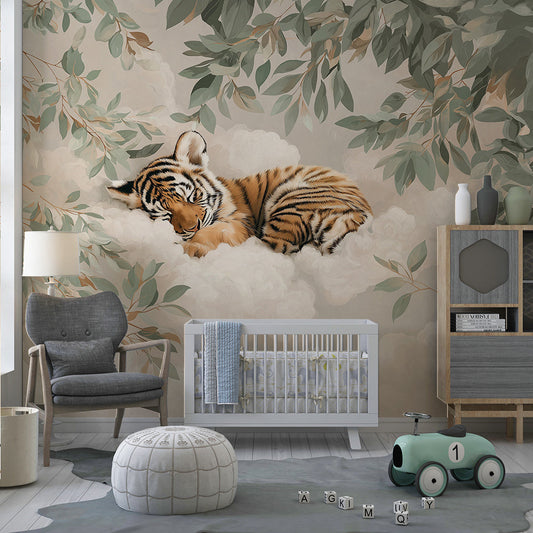 Kids-Mundo tiger cub wall mural styled in a nature-themed kids' bedroom.
