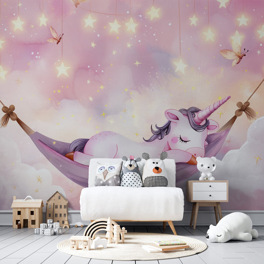 Kids-Mundo unicorn cloud wall mural on a feature wall in a magical kids bedroom.