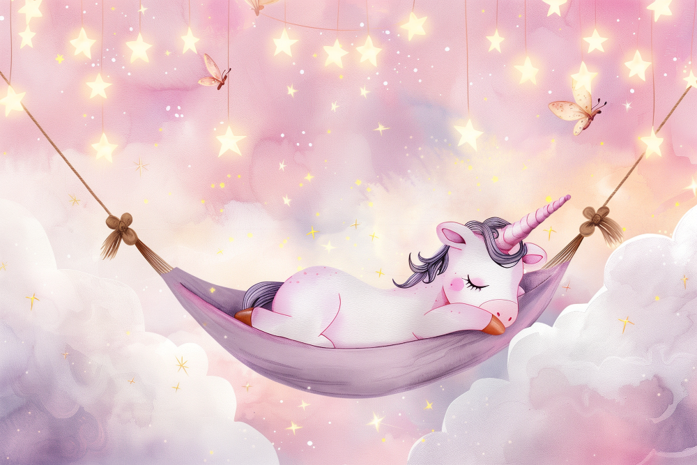 Kids-Mundo flat artwork preview of the sleeping unicorn wall mural in pastel pink and lavender tones.