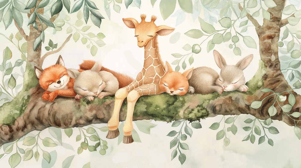 Sleepy Fox and Giraffe Friends on a Branch Wall Mural