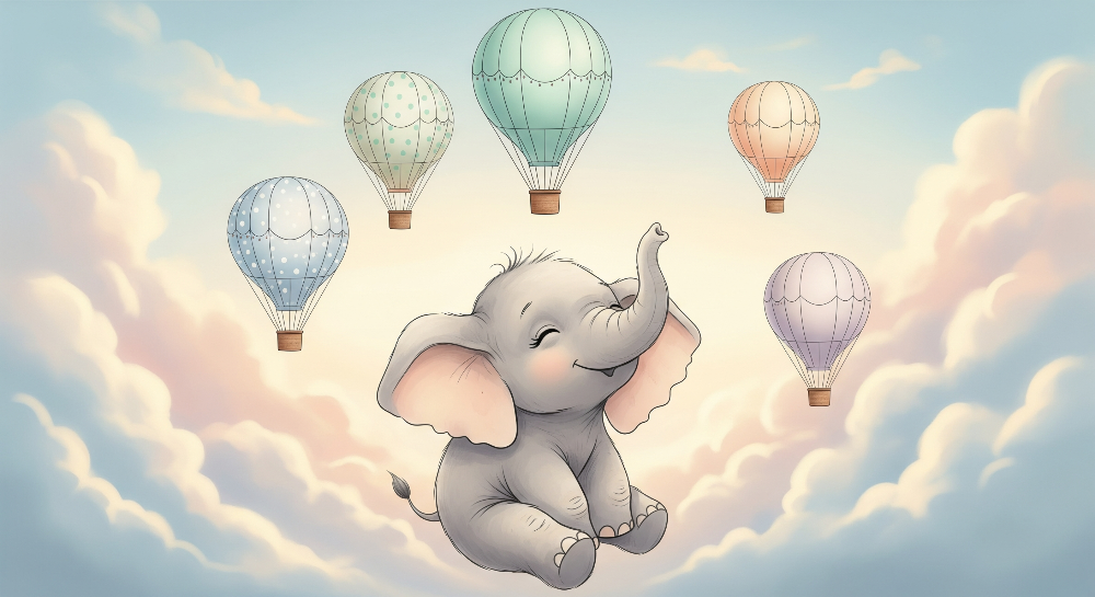 Kids-Mundo flat artwork of a sleepy elephant surrounded by five pastel hot air balloons