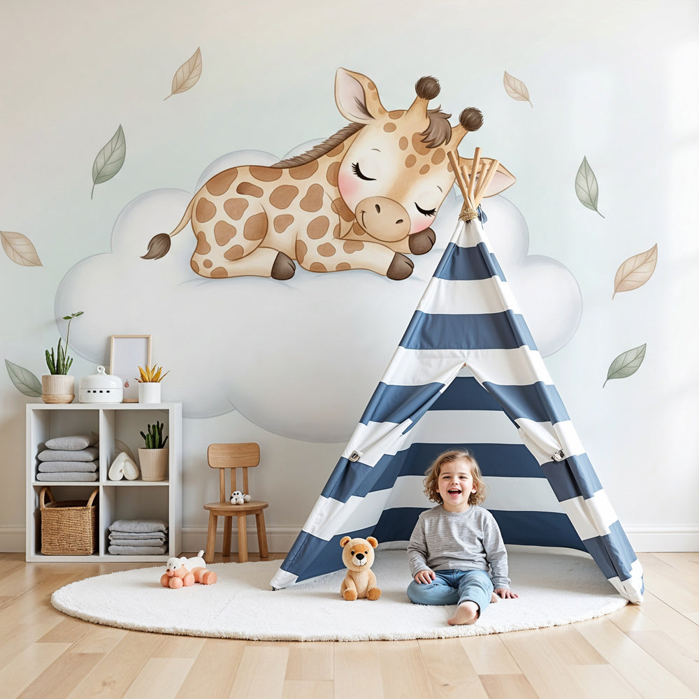 Sleepy giraffe mural wallpaper in modern baby nursery with white crib by Kids-Mundo